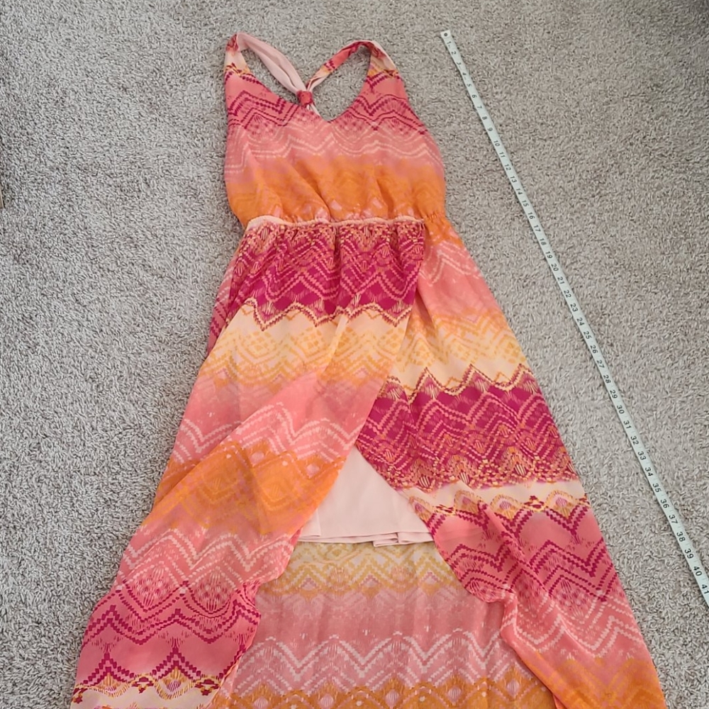 Pink, orange, and yellow high-low dress